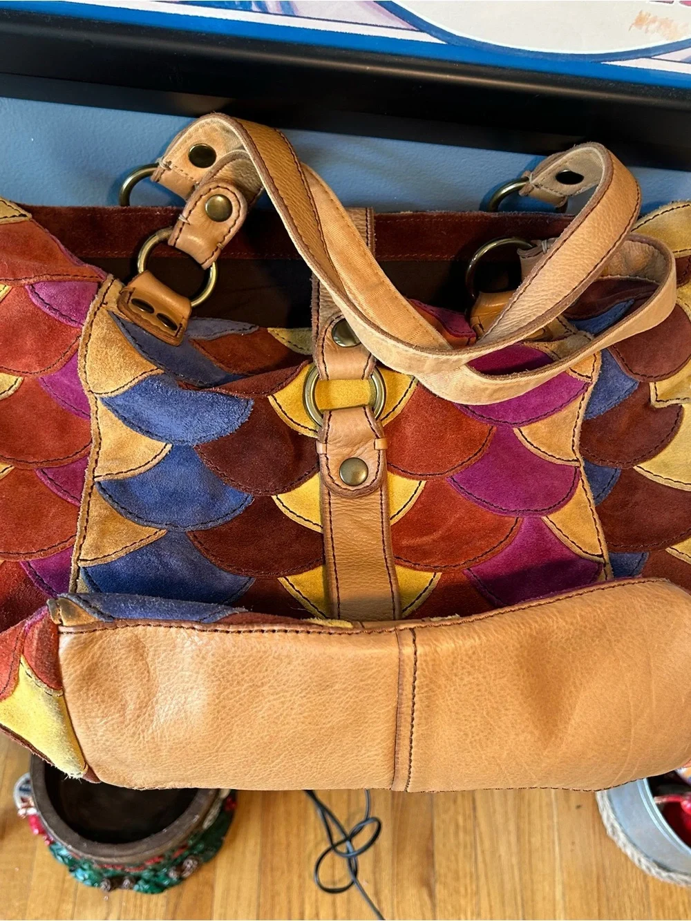 Y2K LUCKY BRAND MultiColor Scallop Patchwork Leather Shoulder Boho Tote
